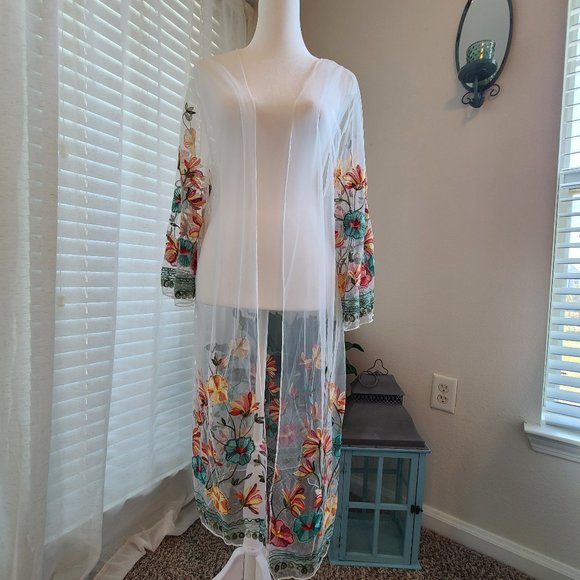 Tops - Embroidered Mesh Kimono